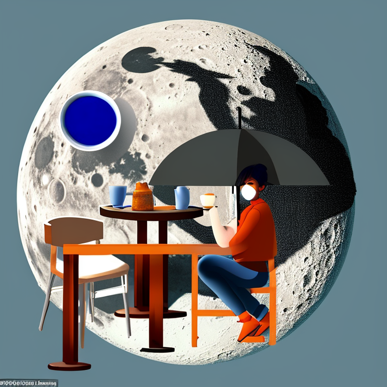 A person drinking tea in a cafe on the surface of the moon, a server waiting on them, zoomed out, an umbrella, photorealistic